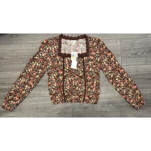 Self Esteem‎ Floral Blouse Long Sleeve Lace Trim Square Neck Button Front M